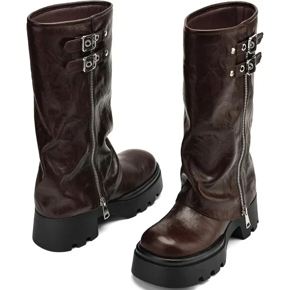 Women's Burgundy Chunky Slouchy Fold Wide Calf Fashion Buckle Knee High Boots - Picture 5 of 5